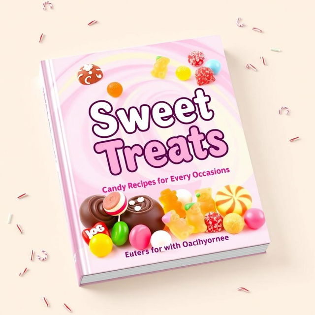 A vibrant and whimsical book cover design for a candy recipe book