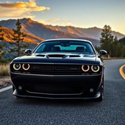 A sleek, powerful Dodge Challenger parked on a scenic mountain road