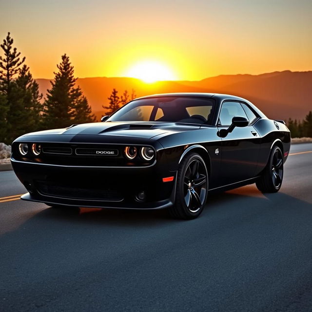 A sleek, powerful Dodge Challenger parked on a scenic mountain road