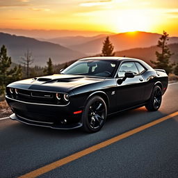 A sleek, powerful Dodge Challenger parked on a scenic mountain road