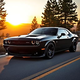 A sleek, powerful Dodge Challenger parked on a scenic mountain road