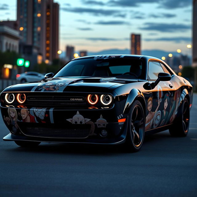 A striking black Dodge Challenger customized with One Piece vinyl wrap designs