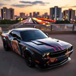 A striking black Dodge Challenger customized with One Piece vinyl wrap designs