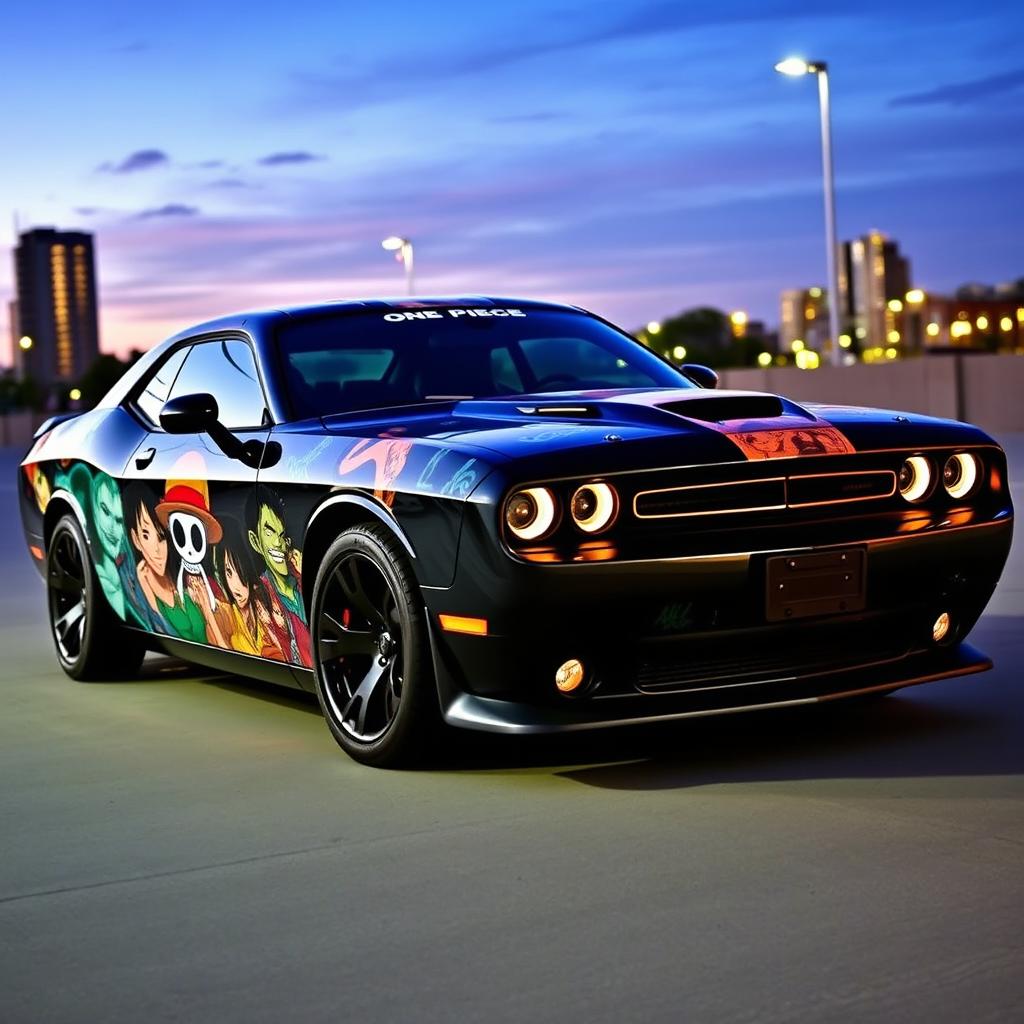 A striking black Dodge Challenger customized with One Piece vinyl wrap designs