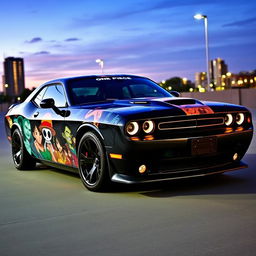 A striking black Dodge Challenger customized with One Piece vinyl wrap designs