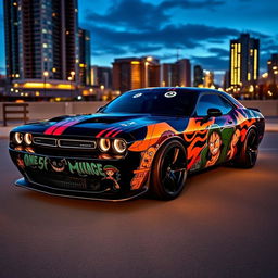 A striking black Dodge Challenger customized with One Piece vinyl wrap designs