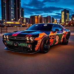 A striking black Dodge Challenger customized with One Piece vinyl wrap designs