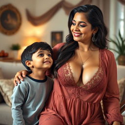 A busty Indian mature woman, embodying grace and warmth, wearing a beautiful nighty that features a deep V-neck design highlighting her big cleavage