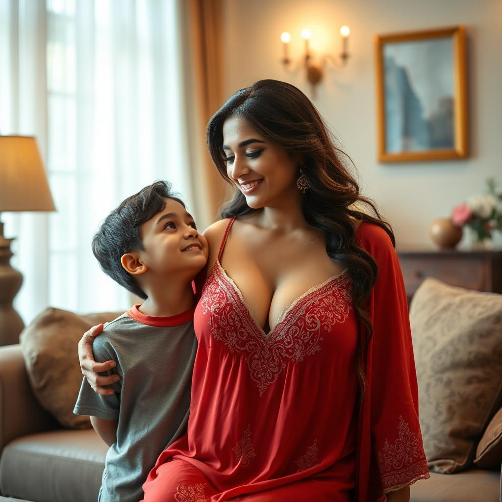 A busty Indian mature woman, embodying grace and warmth, wearing a beautiful nighty that features a deep V-neck design highlighting her big cleavage