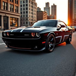 A sleek black Dodge Challenger with a striking Brooklyn flag vinyl wrap covering the entirety of the car