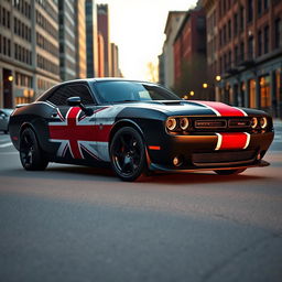 A sleek black Dodge Challenger with a striking Brooklyn flag vinyl wrap covering the entirety of the car