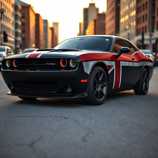 A sleek black Dodge Challenger with a striking Brooklyn flag vinyl wrap covering the entirety of the car