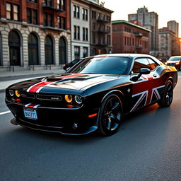 A sleek black Dodge Challenger with a striking Brooklyn flag vinyl wrap covering the entirety of the car