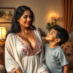 A busty Indian mature woman, elegantly dressed in a luxurious nighty that features a deep V-neck design emphasizing her ample cleavage