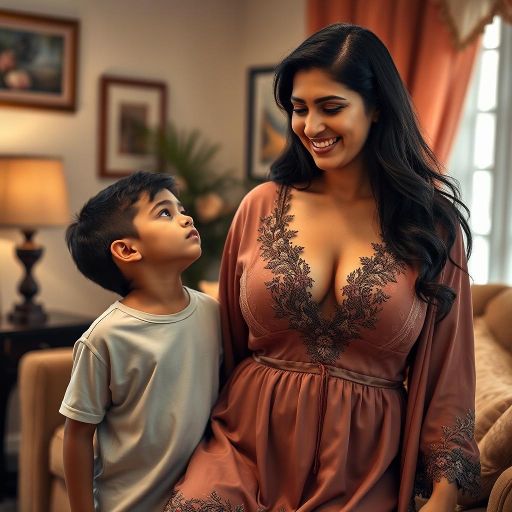 A busty Indian mature woman, elegantly dressed in a luxurious nighty that features a deep V-neck design emphasizing her ample cleavage