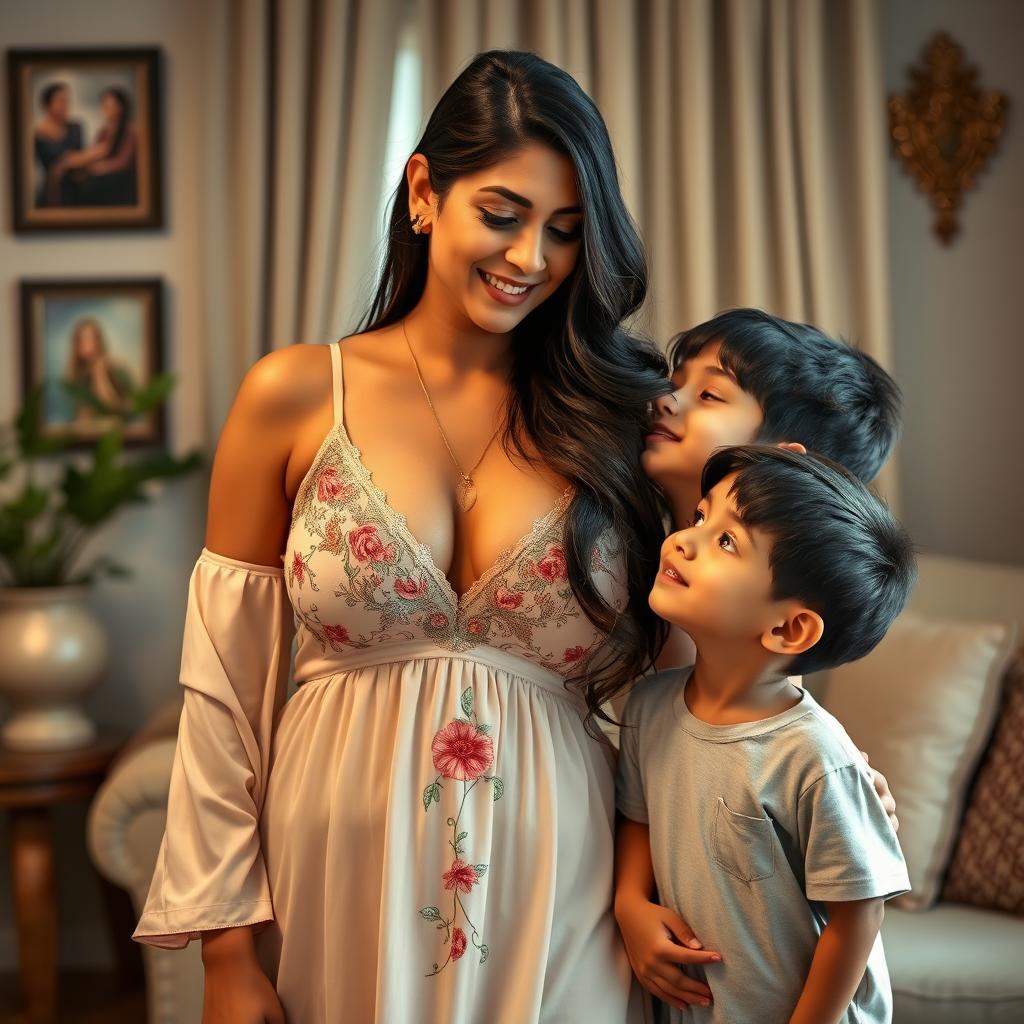 A busty Indian mature woman, elegantly dressed in a luxurious nighty that features a deep V-neck design emphasizing her ample cleavage