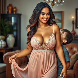 A busty, curvy Indian mature woman, elegantly dressed in a flowing nighty that features a deep V-neck design, showcasing her ample cleavage