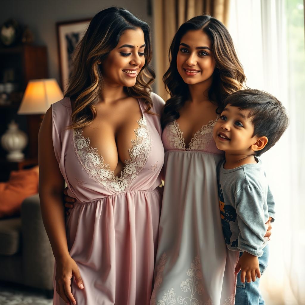 A busty, curvy Indian mature woman, elegantly dressed in a flowing nighty that features a deep V-neck design, showcasing her ample cleavage