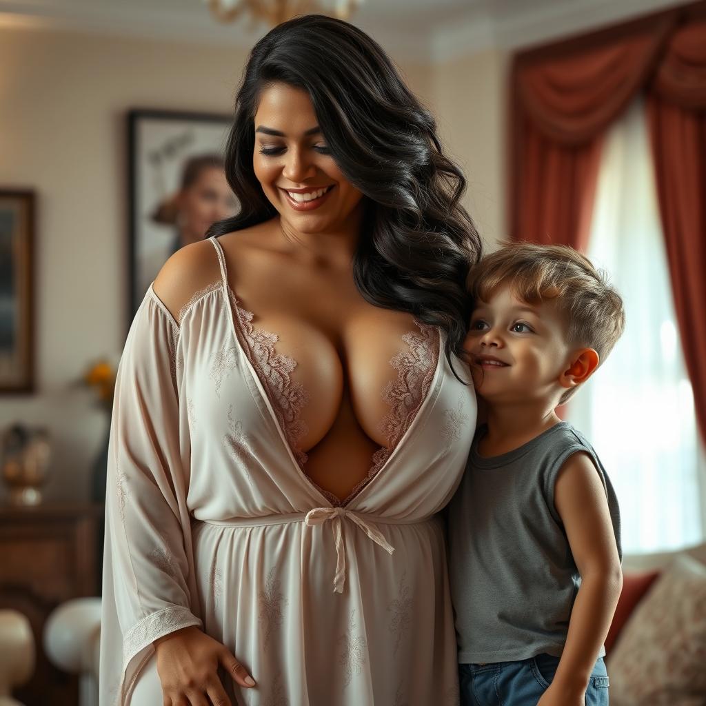 A busty, curvy Indian mature woman, elegantly dressed in a flowing nighty that features a deep V-neck design, showcasing her ample cleavage