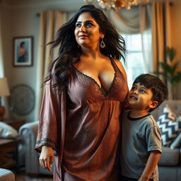 A busty, curvy Indian mature woman, confidently showcasing her figure in a beautifully designed nighty with a deep V-neck that accentuates her deep cleavage