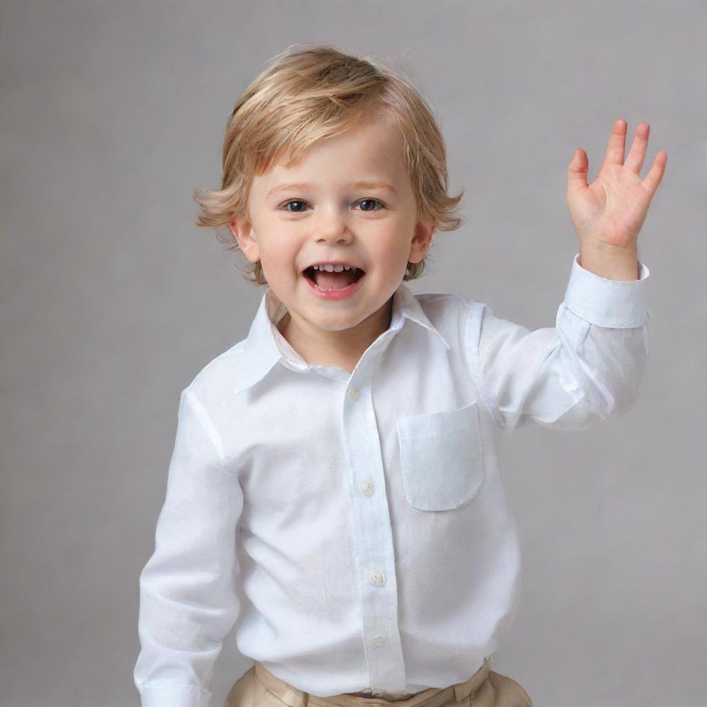 An innocent little boy, dressed neatly, joyfully playing in light-hearted positions expressing childlike cheerfulness.