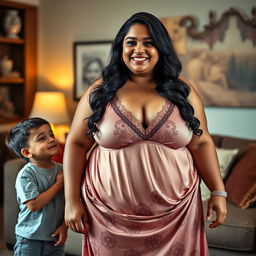 A busty, curvy, and mature Indian woman with a fuller figure, confidently wearing a beautifully designed nighty that features a deep V-neck showcasing her ample cleavage