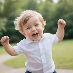 An innocent little boy, dressed neatly, joyfully playing in light-hearted positions expressing childlike cheerfulness.