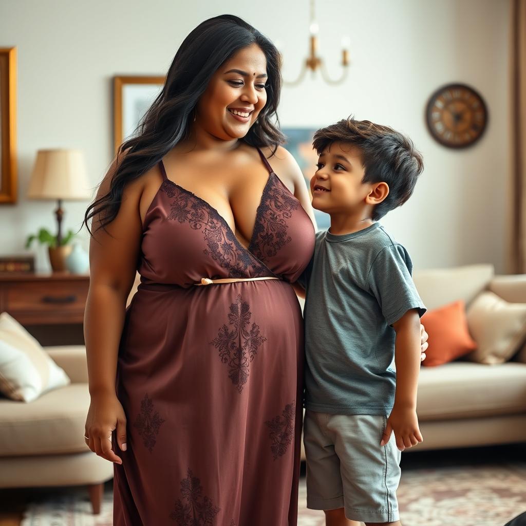 A busty, curvy, and mature Indian woman with a fuller figure, confidently wearing a beautifully designed nighty that features a deep V-neck showcasing her ample cleavage