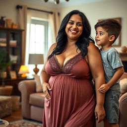 A busty, curvy, and mature Indian woman with a fuller figure, confidently wearing a beautifully designed nighty that features a deep V-neck showcasing her ample cleavage