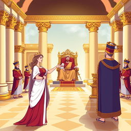 An illustration of the biblical scene depicting Queen Esther approaching King Ahasuerus, based on Esther chapter 5, verses 1 to 2