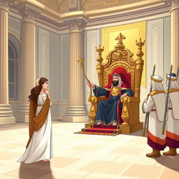 An illustration of the biblical scene depicting Queen Esther approaching King Ahasuerus, based on Esther chapter 5, verses 1 to 2