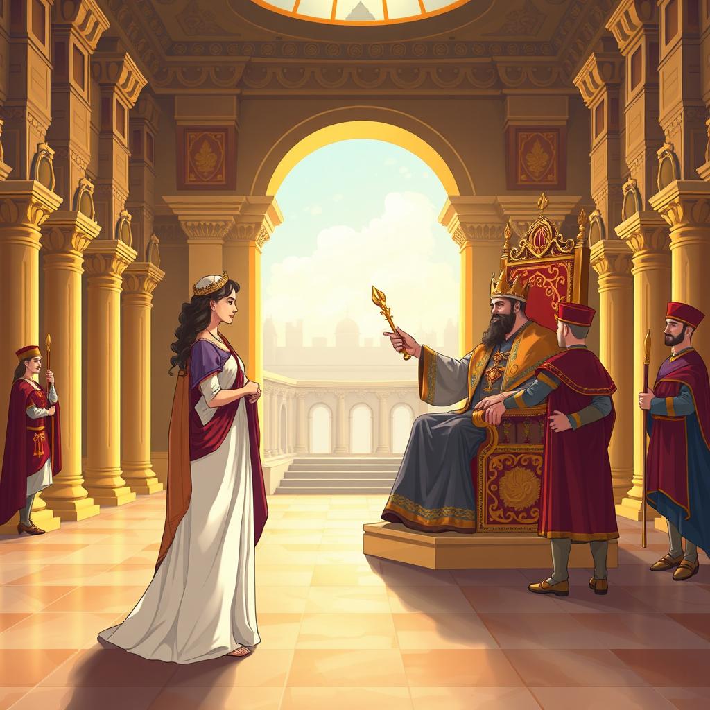 An illustration of the biblical scene depicting Queen Esther approaching King Ahasuerus, based on Esther chapter 5, verses 1 to 2