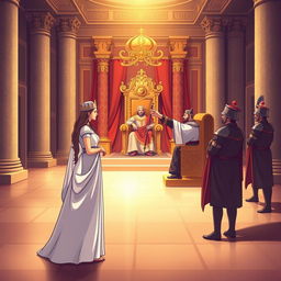 An illustration of the biblical scene depicting Queen Esther approaching King Ahasuerus, based on Esther chapter 5, verses 1 to 2