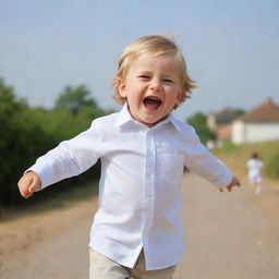 An innocent little boy, dressed neatly, joyfully playing in light-hearted positions expressing childlike cheerfulness.