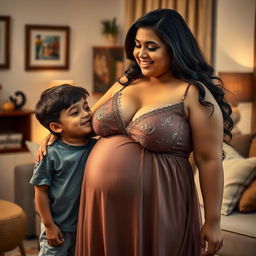 A busty, curvy Indian mature woman with a fuller figure, wearing an elegant nighty that features a deep V-neck to highlight her ample cleavage