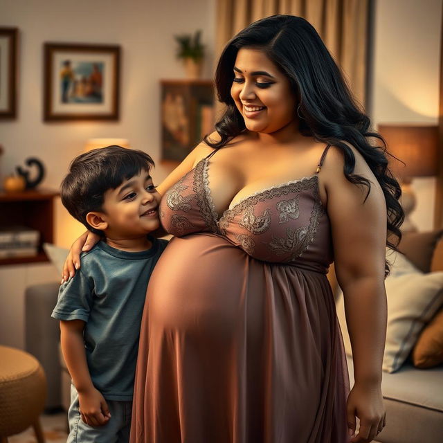 A busty, curvy Indian mature woman with a fuller figure, wearing an elegant nighty that features a deep V-neck to highlight her ample cleavage