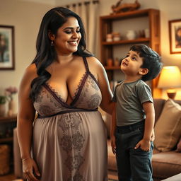 A busty, curvy Indian mature woman with a fuller figure, wearing an elegant nighty that features a deep V-neck to highlight her ample cleavage