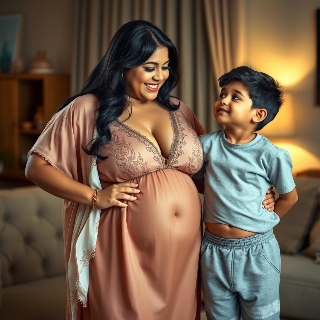 A busty, curvy Indian mature woman with a fuller figure, wearing an elegant nighty that features a deep V-neck to highlight her ample cleavage