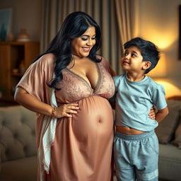 A busty, curvy Indian mature woman with a fuller figure, wearing an elegant nighty that features a deep V-neck to highlight her ample cleavage