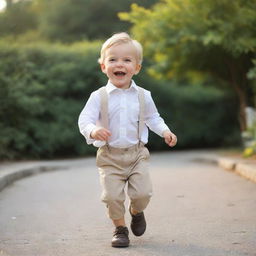 An innocent little boy, dressed neatly, joyfully playing in light-hearted positions expressing childlike cheerfulness.