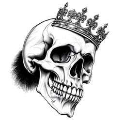 A highly detailed, realistic skull sketch adorned with a regal crown resting on its head