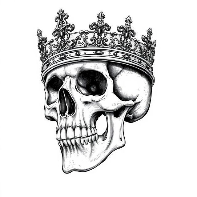 A highly detailed, realistic skull sketch adorned with a regal crown resting on its head