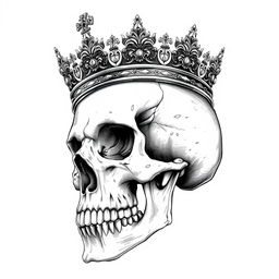 A highly detailed, realistic skull sketch adorned with a regal crown resting on its head