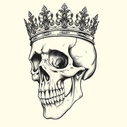 A highly detailed, realistic skull sketch adorned with a regal crown resting on its head