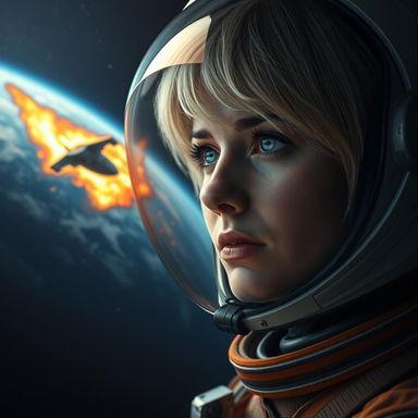 A Swedish woman with short blonde hair and striking blue eyes, wearing an astronaut helmet, gazes sorrowfully at the Earth engulfed in flames