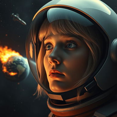 A Swedish woman with short blonde hair and striking blue eyes, wearing an astronaut helmet, gazes sorrowfully at the Earth engulfed in flames