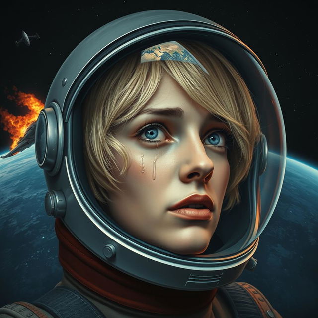 A Swedish woman with short blonde hair and striking blue eyes, wearing an astronaut helmet, gazes sorrowfully at the Earth engulfed in flames