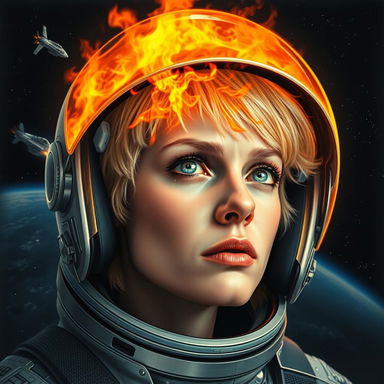 A Swedish woman with short blonde hair and striking blue eyes, wearing an astronaut helmet, gazes sorrowfully at the Earth engulfed in flames