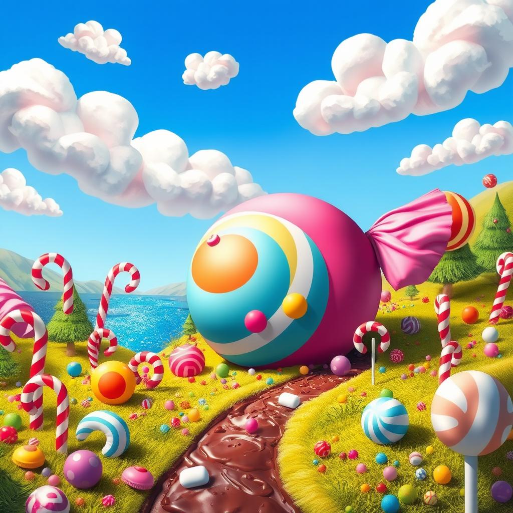 A whimsical fantasy landscape filled with colorful, oversized candy and sweets, featuring a large, vividly decorated bonbon at the center, surrounded by swirling candy canes, lollipop trees, and gumdrop hills