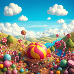 A whimsical fantasy landscape filled with colorful, oversized candy and sweets, featuring a large, vividly decorated bonbon at the center, surrounded by swirling candy canes, lollipop trees, and gumdrop hills